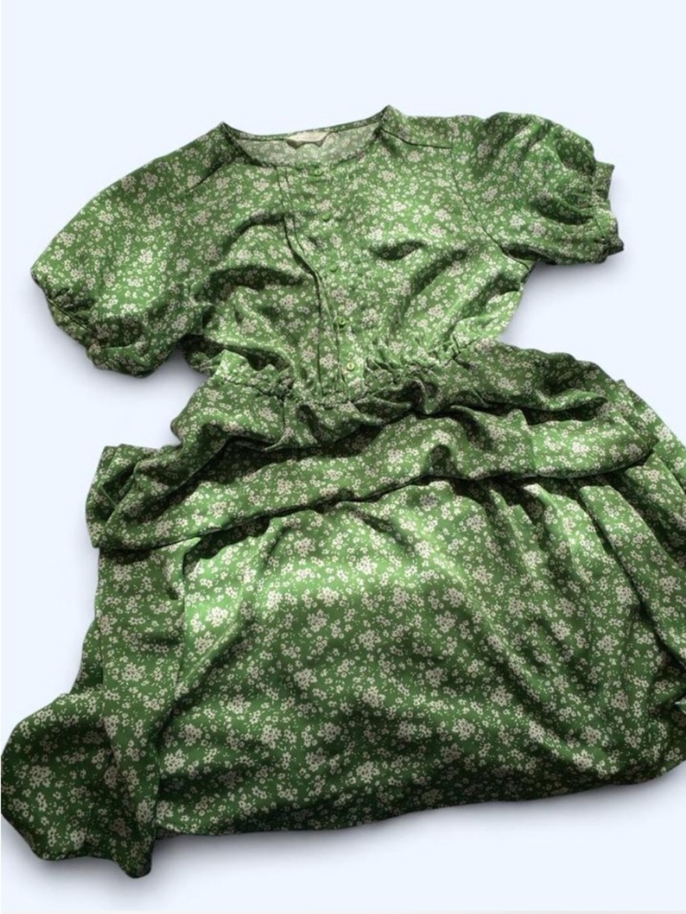 Green Floral Midi Dress with Puff Sleeves
